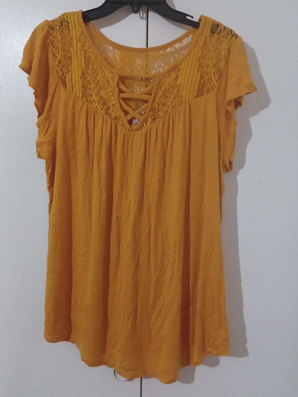 No Boundaries Mustard Lace-Yoke Short Sleeve Tunic
